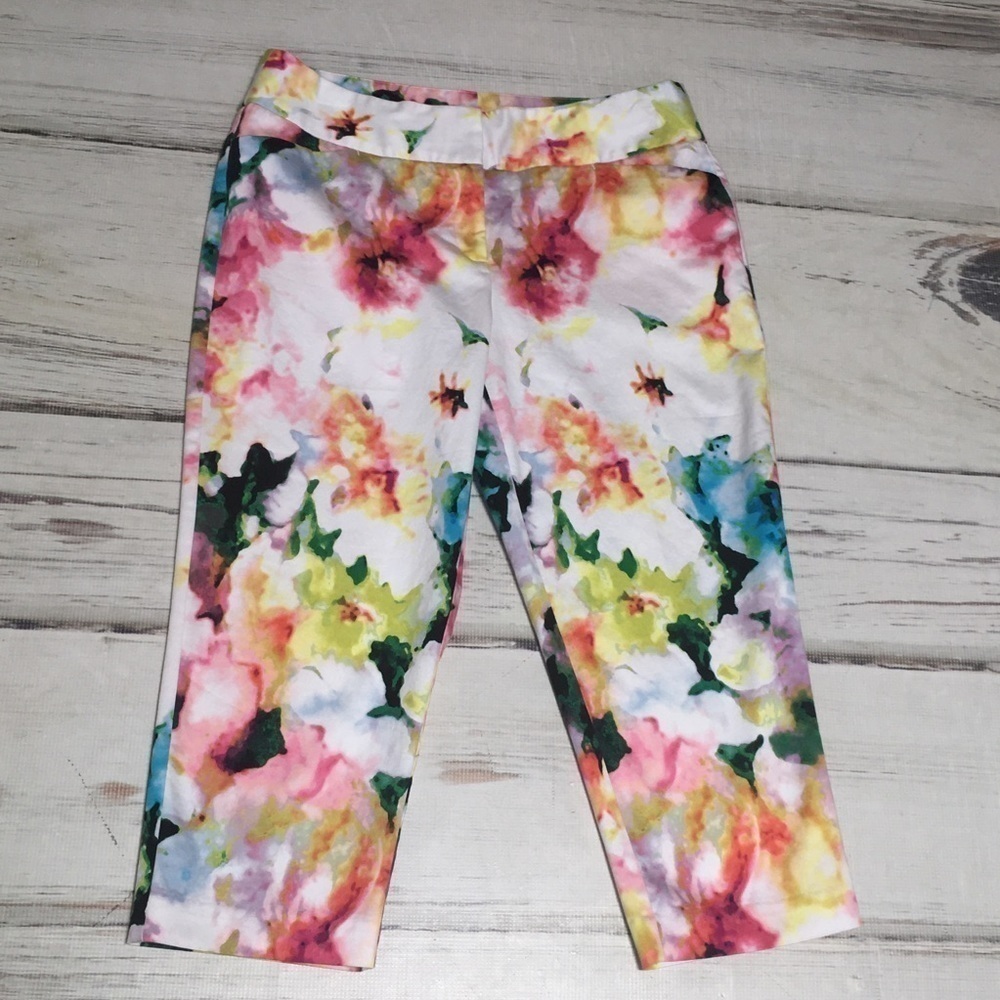 Worthington Capris Pants Cropped Watercolor Floral Pink Modern Fit 10